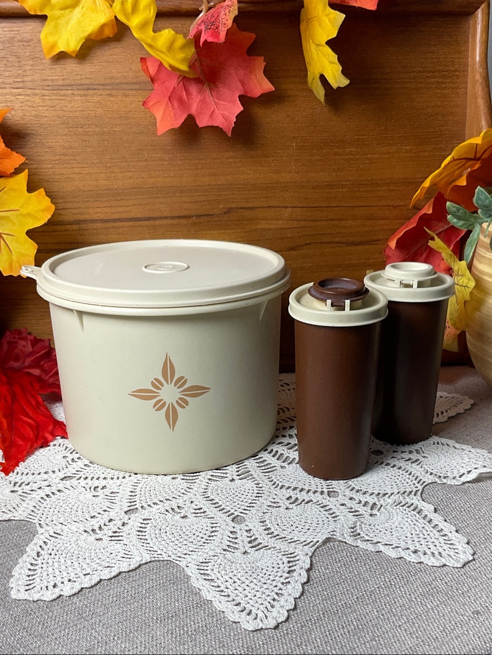 Vintage Tupperware Brown & Almond Canister + Shaker Set